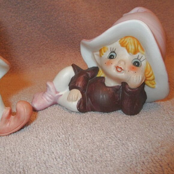 Vtg Homco Mushroom Pixie Elves Porcelain Garden Elf Figurines Set Of 3 MCM - Picture 4 of 8
